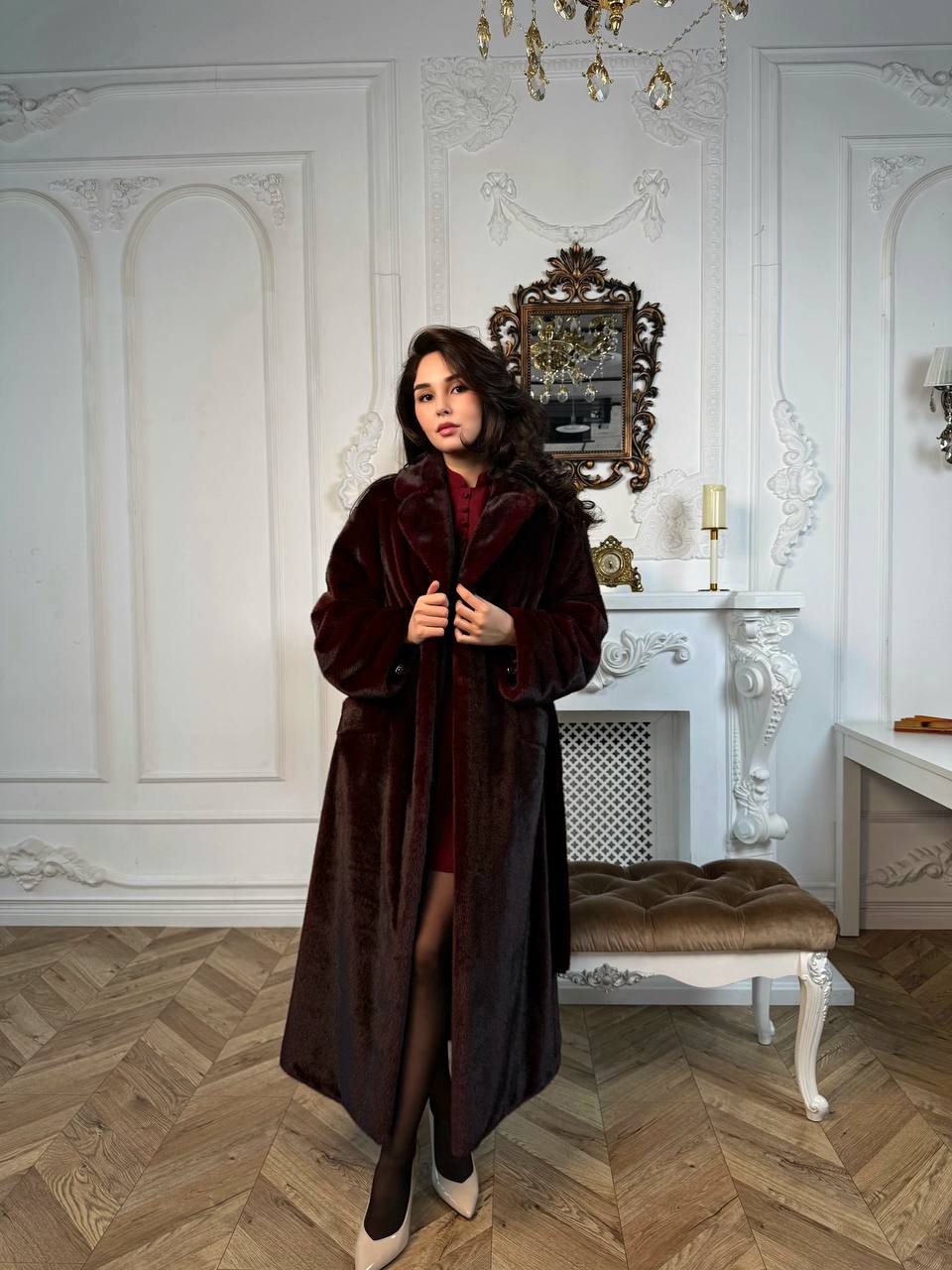бургунди длинная шуба
