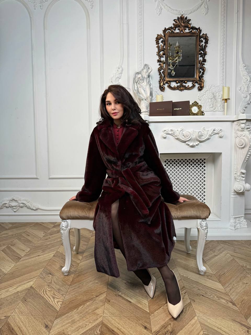 бургунди длинная шуба