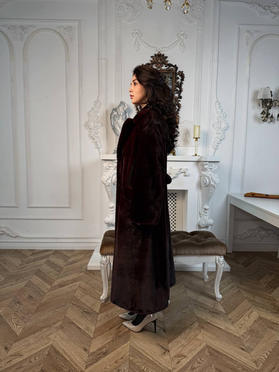 бургунди длинная шуба