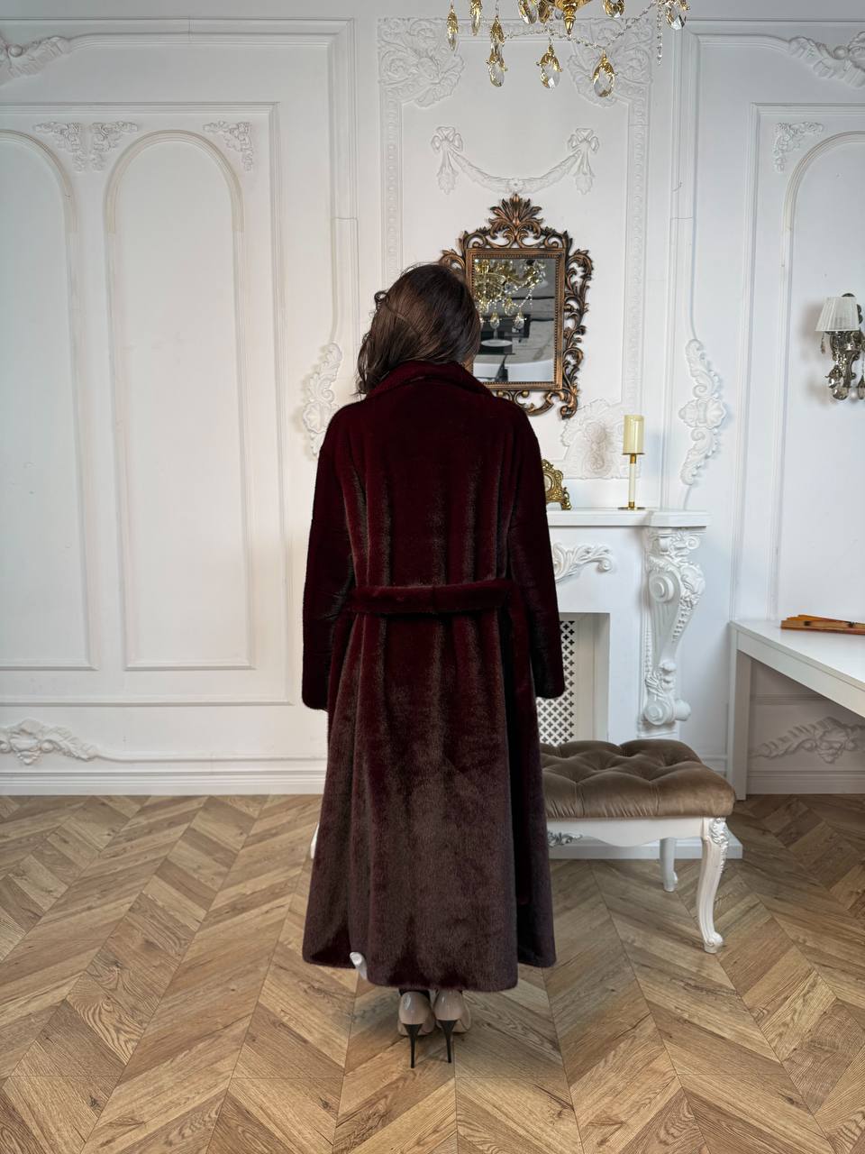 бургунди длинная шуба